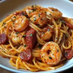 Spaghetti à la Crème de Poivron, Chorizo & Crevettes